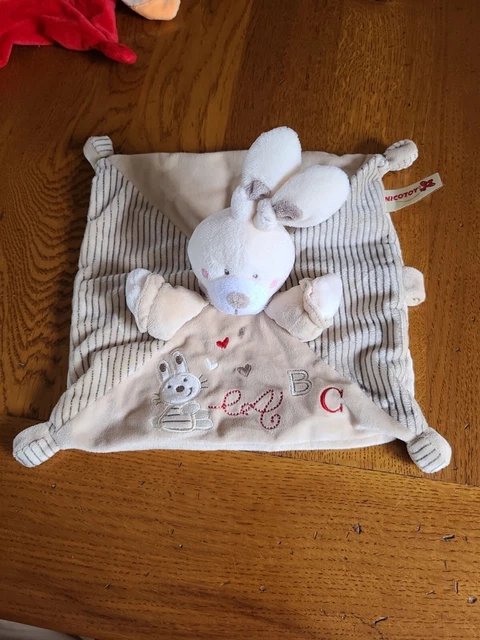 Doudou Plat Carré Nicotoy Lapin Marron Abc Coeur  Rayé Tétine    État Neuf