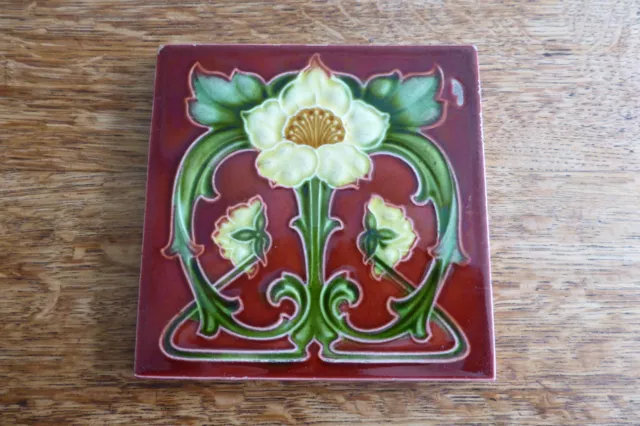 Antique Victorian Original Art Nouveau Majolica 6" Decorative Tile Red Rare