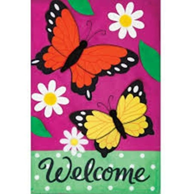 Butterfly Welcome Flowers Applique Garden Flag, 12"x18", Custom Decor, 2 Sided
