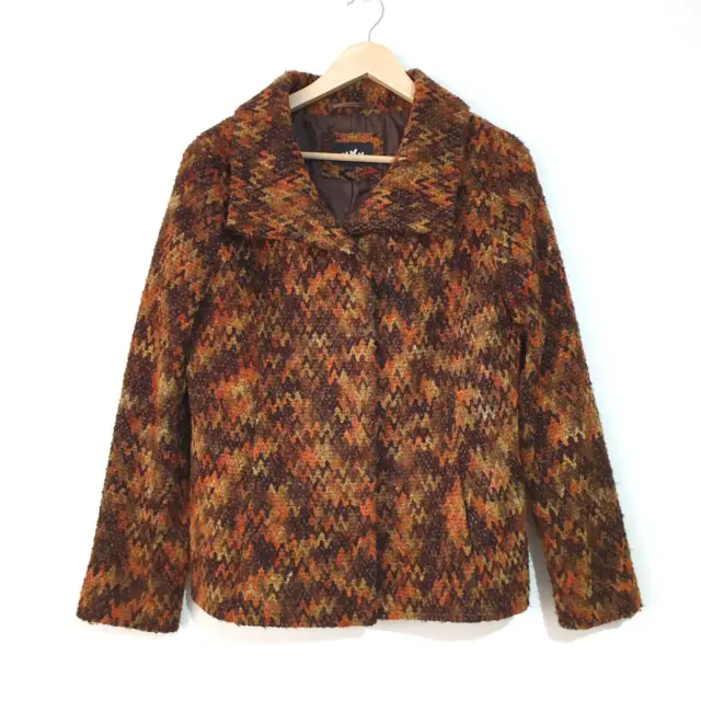 Per Una Jacket Coat UK 14 Burnt Orange Brown Chevron Retro 60s 70s Style Wool
