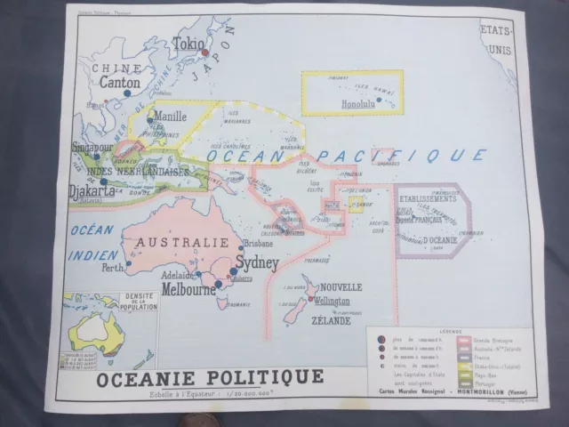 1950s 60s French school map by Rossignol Vienne “ Oceania “ 2 Sides