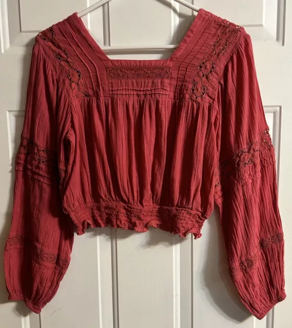 AMERICAN EAGLE AE Women’s Lacey Long Sleeve Crop Top Red/Orange Boho Extra Small