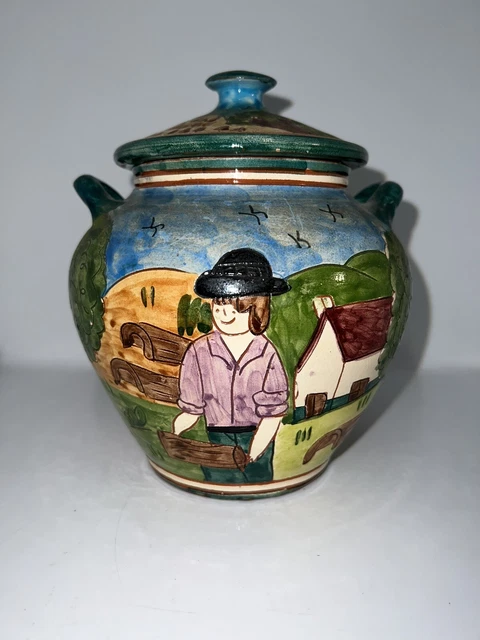 Hand painted Portugal Majolica Pottery Vintage Terra Cotta Trees Farmer Urn Jar