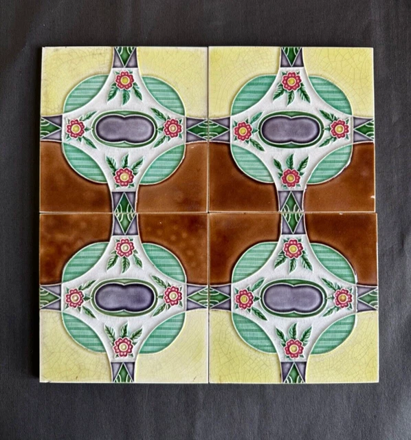 Vintage Old Rare Majolica Floral Art Nouveau Architecture Furniture Tile Japan