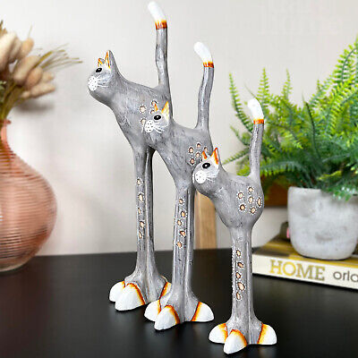 Tall Grey Cat Figurines Set Of 3 Wooden Kitten Ornaments Hand Carved Fair Trade