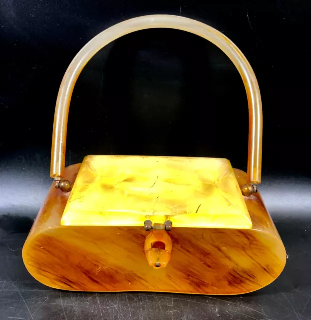 Vintage 50s Amber Lucite Handle Handbag Signed Rialto Tortoise Shell Yellow