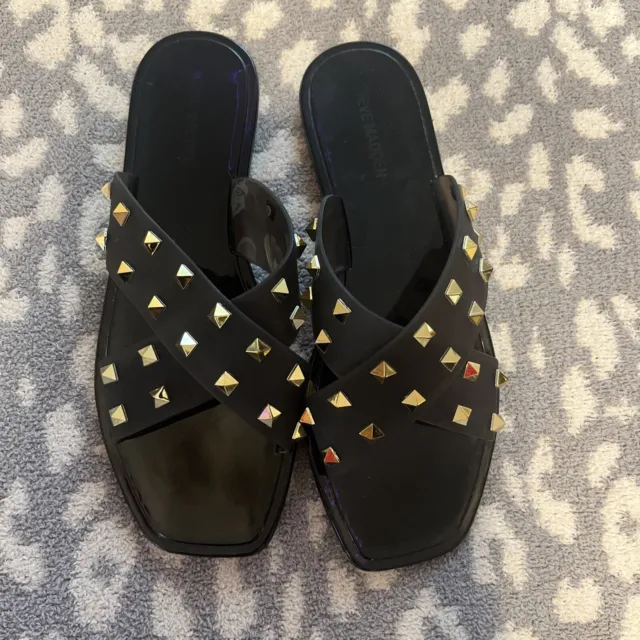 STEVE MADDEN TACE Black Criss Cross Gold Stud Jelly Slide Sandals US 8