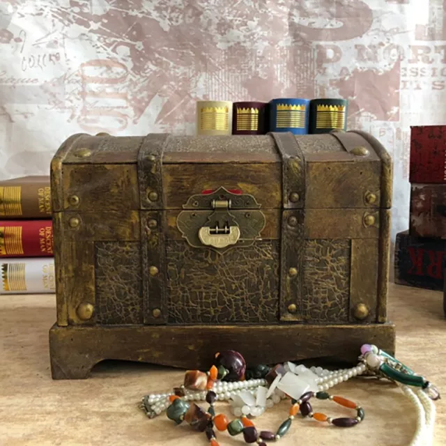 Vintage Wooden Treasure Chest Decorative Wood Jewelry Storage Box With Lock Box