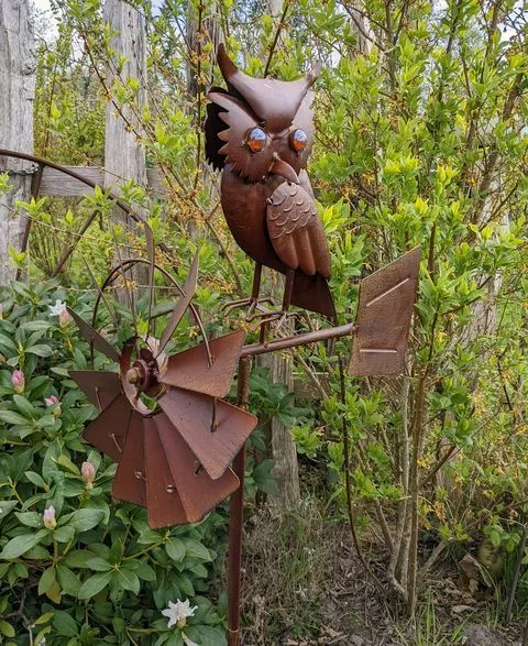 Éolienne Girouette Chouette Piquet Décoration de Jardin Tuteur Métal Neuf