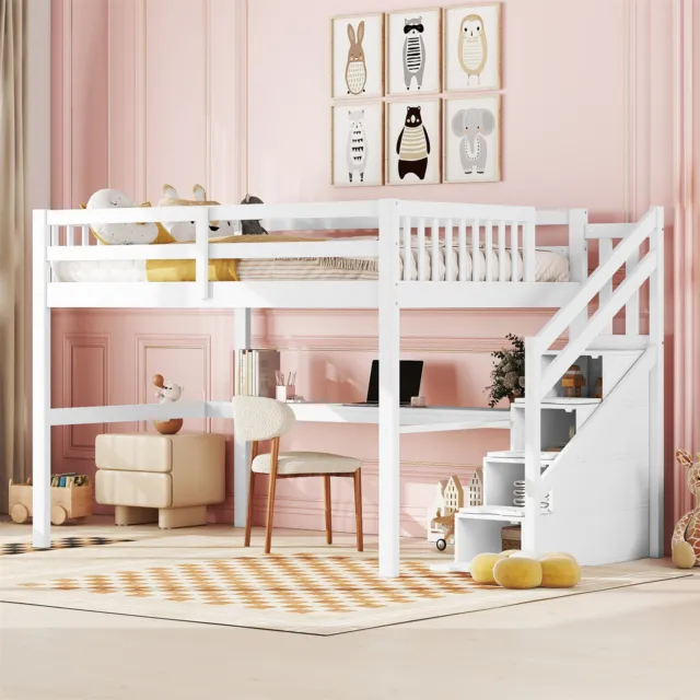 Hochbett Kinderbett 140x200 cm Etagenbett Stockbett mit Schreibtisch und Treppe