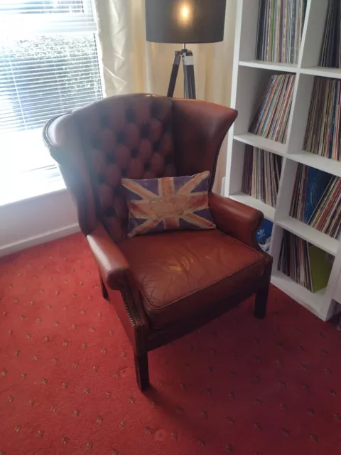 Vintage Chesterfield Wing Back Leather Queen Anne Arm Chair Great Patina &  Wear