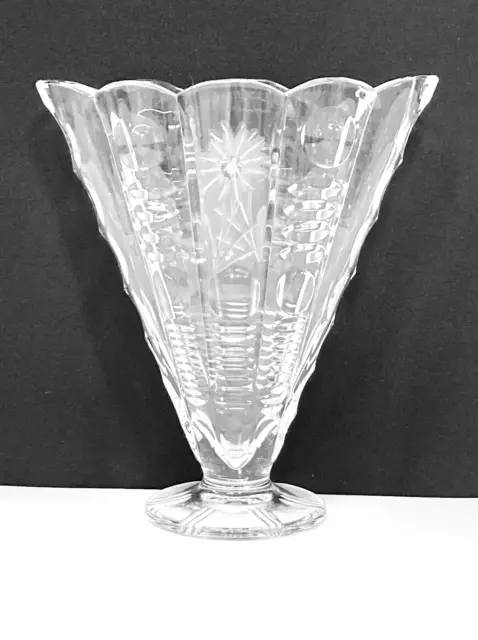 Vintage Clear Floral Etched Glass Fan Shaped Vase