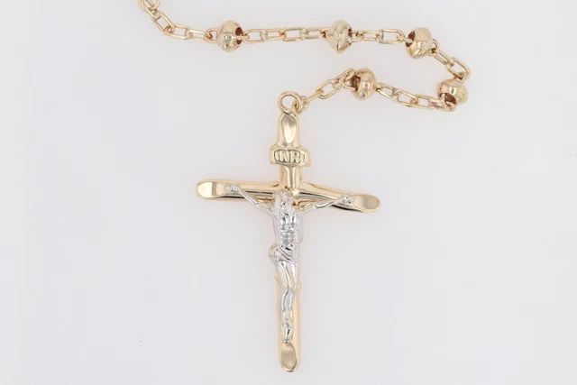 Religious Rosary Cross Beaded 29" Necklace 14k Multi-Tone Gold Italy 19.59 Grams Religious Rosary Cross Beaded 29" Necklace 14k Multi-Tone Gold Italy 19.59 Grams