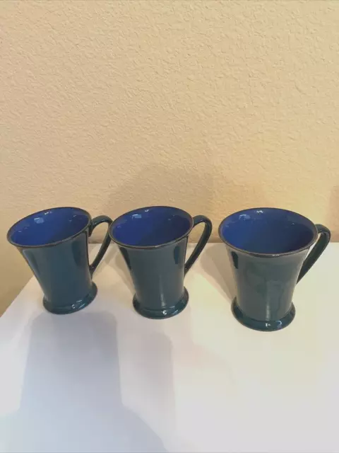 DENBY-METZ~FLARED FOOTED GREEN with BLUE INTERIOR Lot of 3 COFFEE MUG 10oz~MINT~