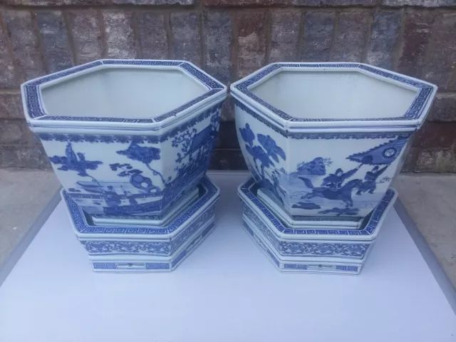 A Pair Large Chinese Qing Blue And White Porcelain Painted Jardiniere