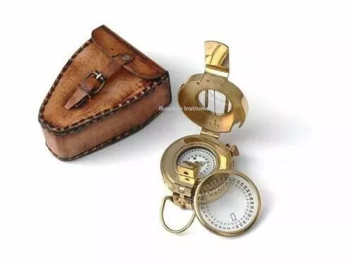 Antique Maritime Solid Brass Prismatic Military Compass With Leather Case Gifts