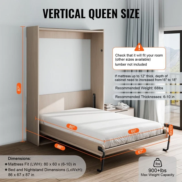 QUEEN SIZE VERTICAL Murphy Bed Kit DIY Wall Bed Hardware Folding System ...