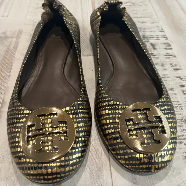 Tory Burch Reva Leather Ballet Flats Women's Size 8 Black & Metallic Gold Shoes