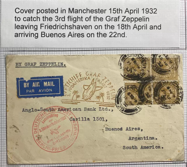 1932 Manchester England Graf Zeppelin LZ 127 Airmail Cover To Argentina