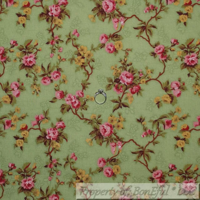 BonEful FABRIC FQ Cotton Quilt Green Leaf Stem Small Pink Rose Flower Farm House