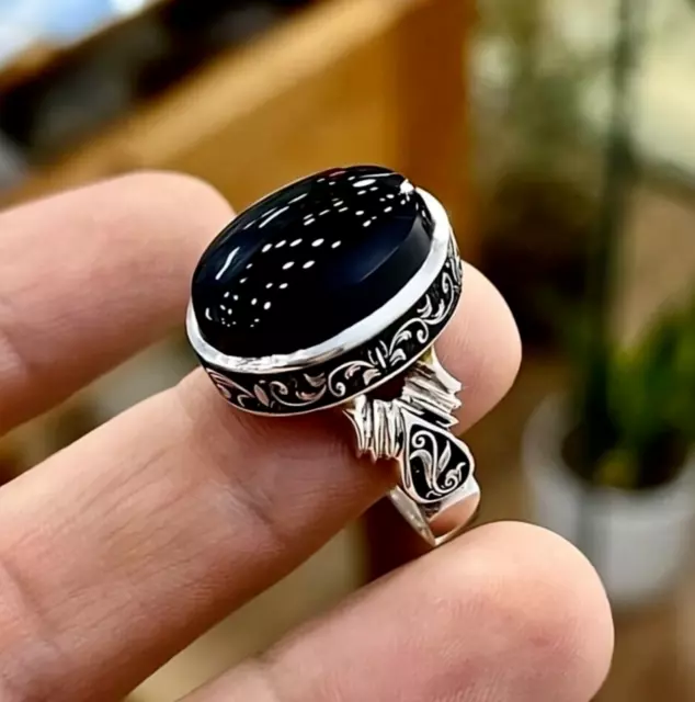 Original Yemeni Black Aqeeq Akik Haqeeq Stone Sterling Silver Handmade Ring Mens