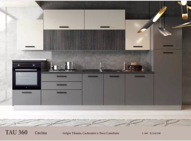 Cucina Tau L.3.60 Completa Moderna Grigia Titanio Noce Cemento.