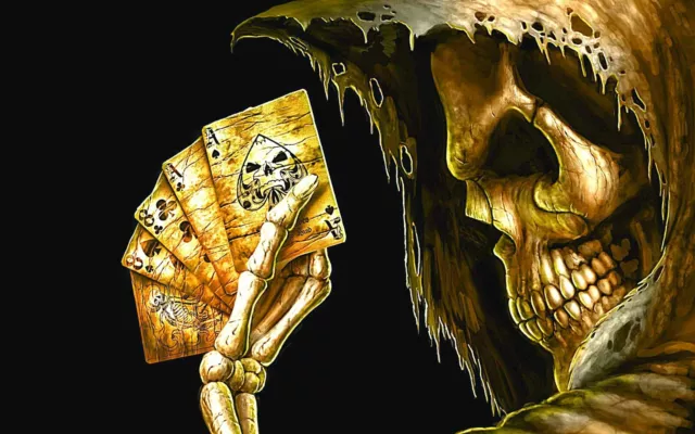 5" Grim Reaper holding Dead Mans Hand vinyl sticker. Angel of Death poker decal