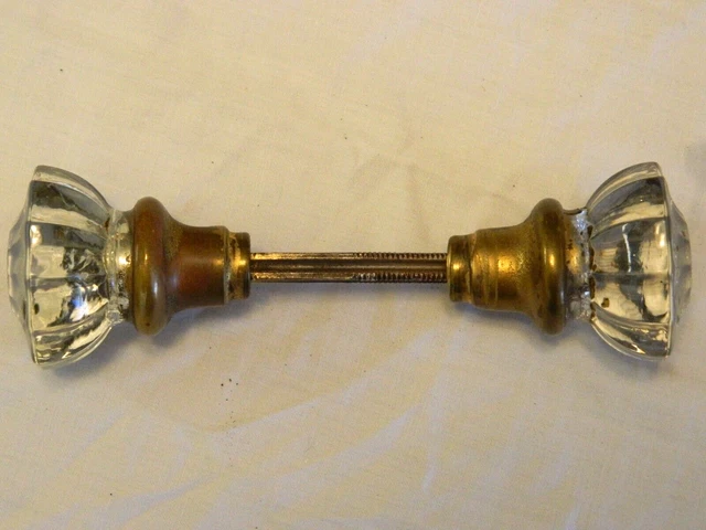 Door Knobs Crystal Glass 2 Antique Fluted 12 Point Brass Metal Shank Rod Old