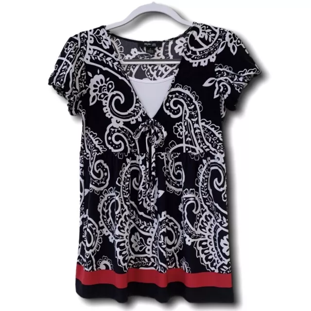 Style & co Blouse Women Size PS Empire Waist Bow Short Sleeve Stretch V Neck