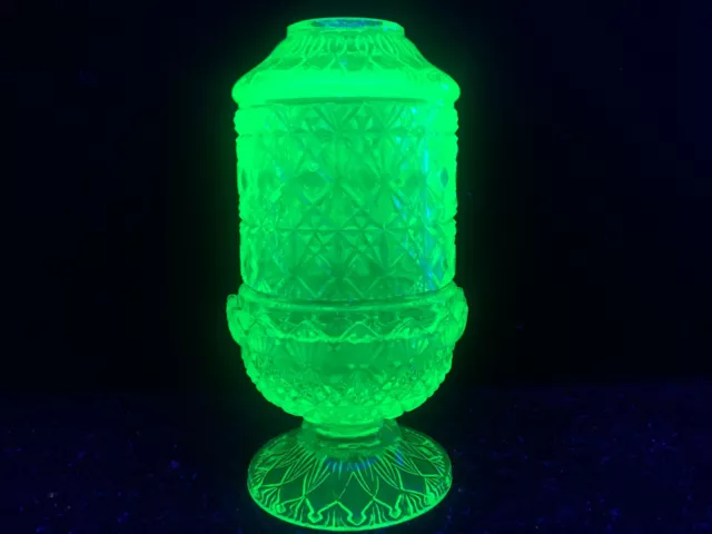 Green Vaseline glass Fairy lamp candle tea light holder uranium fine cut yellow
