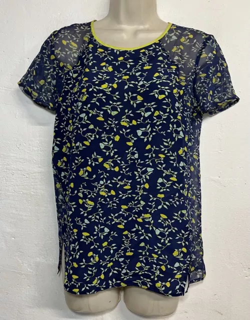 Ella Moss XS Silk Blouse Blue Yellow Floral Short Sleeve Semi Sheer Top￼