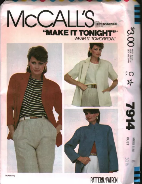 7914 Vintage McCalls SEWING Pattern Misses 1980s Unlined Jacket Notched Collar