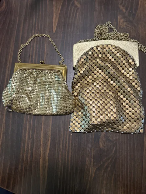 2 Vintage Whiting and Davis gold mesh Wrist And Shoulder purse