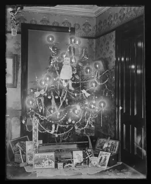 Victorian Era Christmas Tree Antique Toys Holiday Photo GLASS PLATE Negative