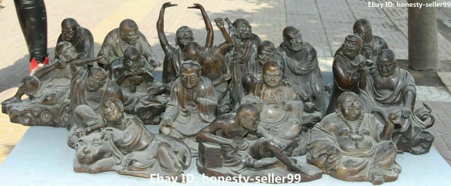 8" Chinese Bronze Taoism 18 Arhat Eighteen Arhats Dragon Lohan God Set Statue