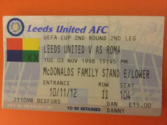 Leeds United v Roma UEFA Cup 1998/99 - Used Ticket