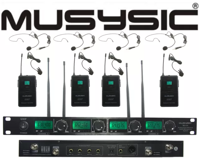 MUSYSIC 4 Channel UHF Lapel / Lavalier & Headset Wireless Microphone System UHF