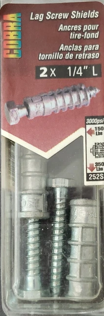 Cobra ~ (252S) 2 x 1/4"L Lag Screw Shields, 350 lbs. Load, 2 pk.