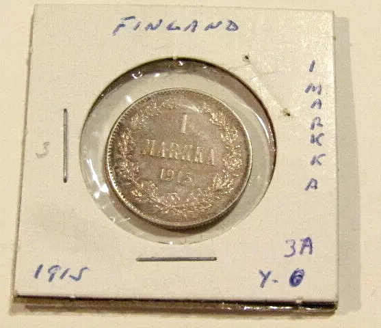 Finland 1915 1 Markka Silver Coin