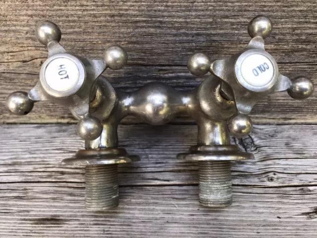 Antique PECK Brothers Sink Faucet, Hot & Cold Brass w/ Nickel Plate, Victorian