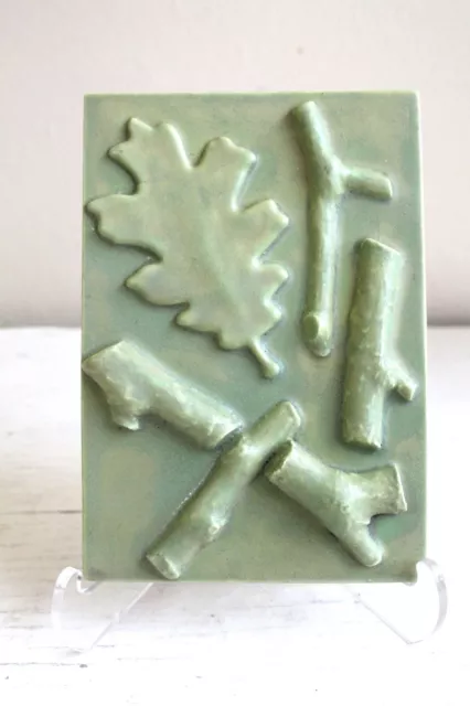 Sage Green Oak Leaf Branch Bas Relief Art Pottery Wall Tile Waxed Matte 5 X 7.5