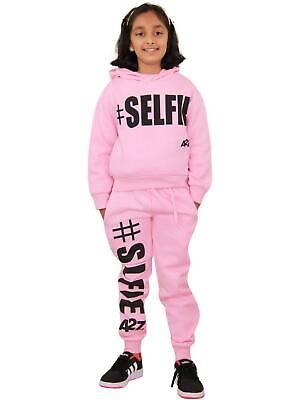 Kids Girls Tracksuit Designer #Selfie Hooded Crop Top Bottom Jogging Suit 5-13Yr