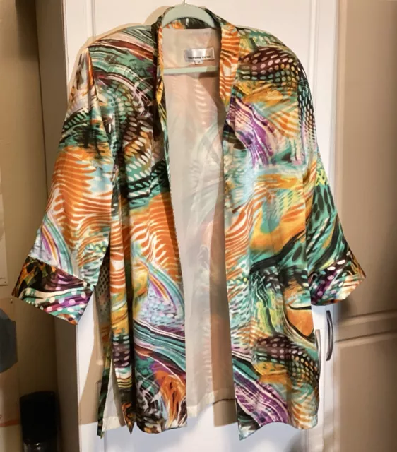 Caroline Rose -Size 1XL 100% Silk Lightweight Gorgeous Open Jacket Colorful Art