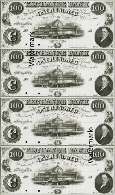 $100 SENC The Exchange Bank Providence RI Obsolete Currency Sheet REPRODUCTION