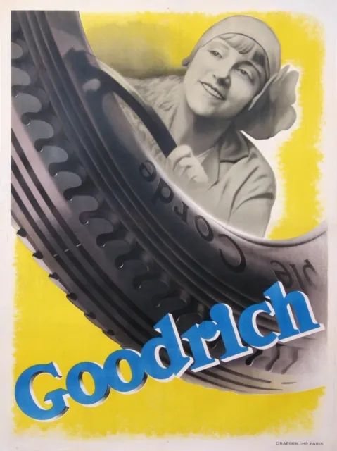 AFFICHE ANCIENNE ENTOILEE PNEUS GOODRICH DRAEGER Circa 1920-30