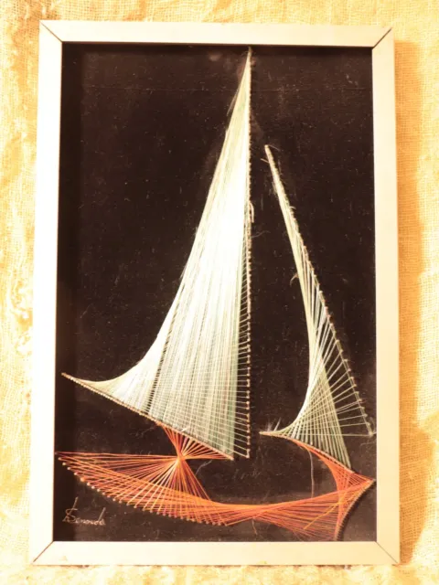 Vintage Sailboat 3D DIY Painting Nail String Art Kit, Winding Lines, Signed Rare