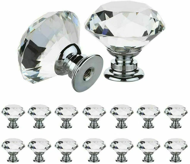 LARGE CRYSTAL DIAMOND Glass Door Knobs Cupboard Drawer Furniture Handle