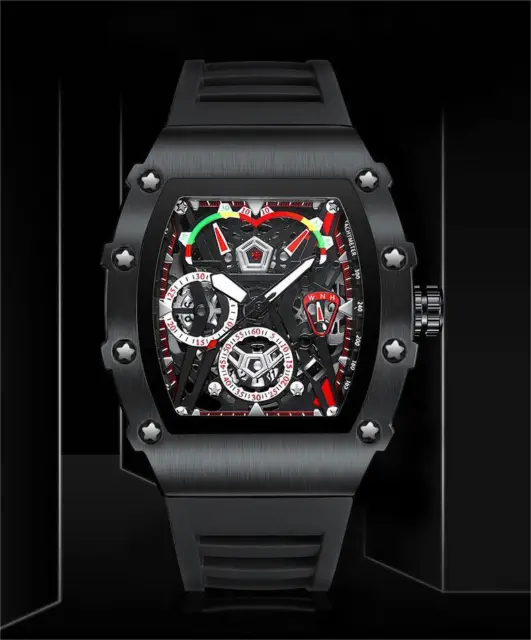 Mens Silicone Diamond Tonneau Watch Skeleton Date Casks Quartz Wristwatches