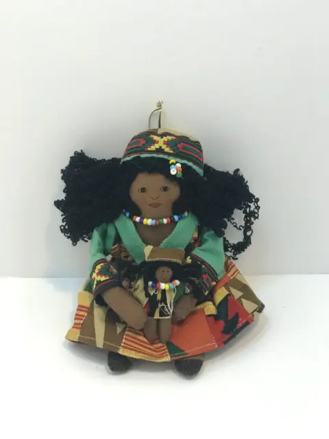 Folk Art Momma Holding Baby Rag Doll Tribal African Native 8" Decorative Beaded