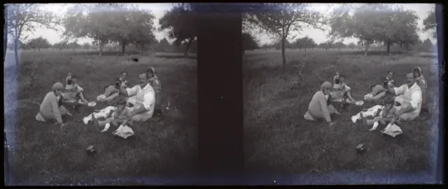 France Family Lunch on the Grass c1930 Photo NEGATIVE STEREO Plate Vintage P